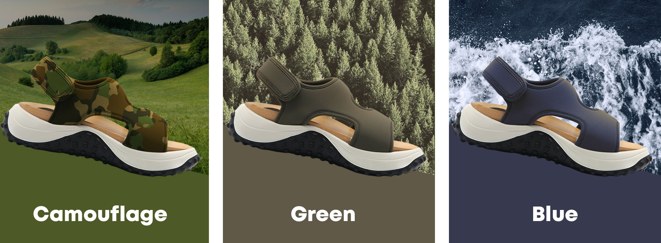 Woody sandals on camouflage, green and blue color