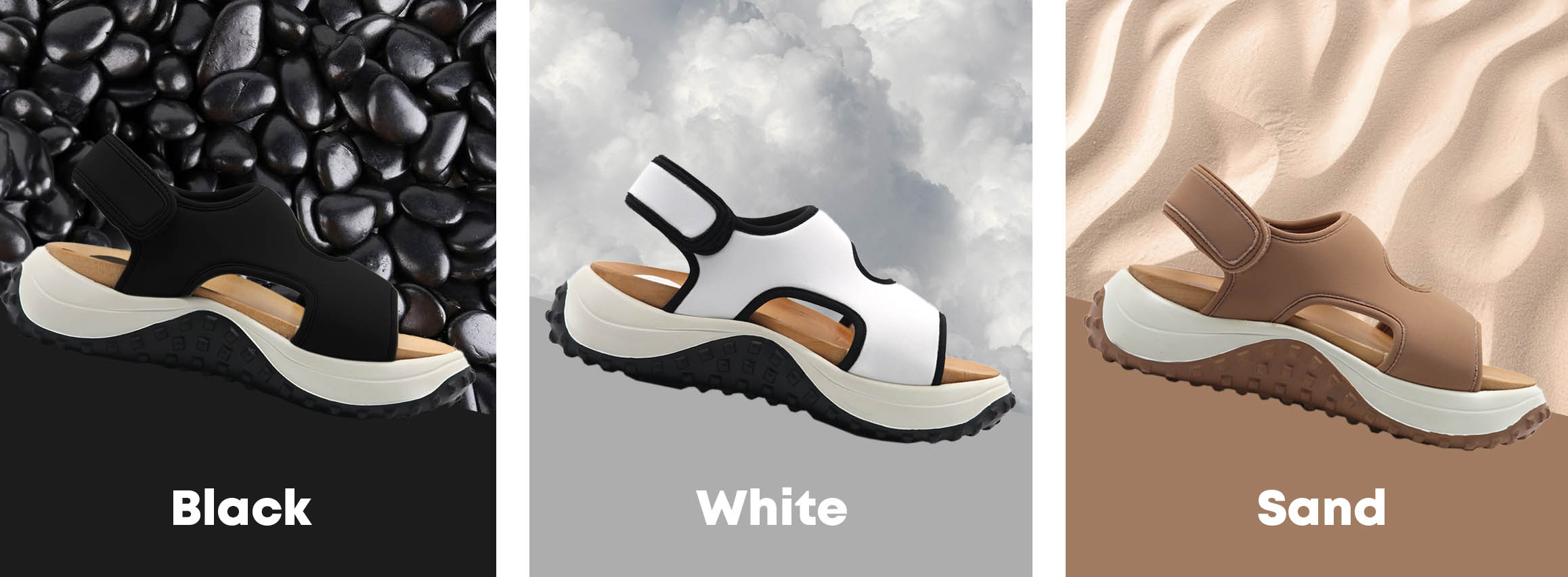Woody sandal on black ,white and sand color